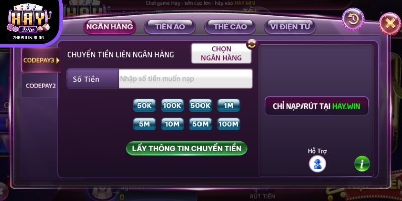 Nạp tiền Haywin qua Internet Banking được nhiều người lựa chọn
