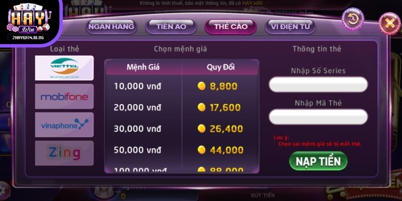 Điền thông tin là bước quan trọng trong quy trình nạp tiền Haywin